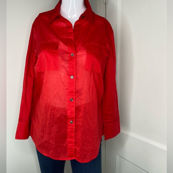 THEORY L Vibrant Sheer Red Button-Up Shirt - Picture 1 of 13